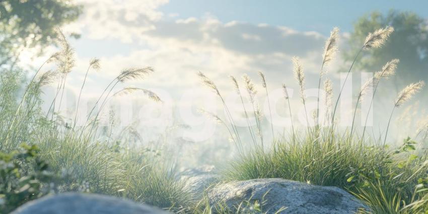 Tranquil Morning Meadow: Sunlit Greenery and Wildflowers in a Lush, Idyllic Field Framed by Trees Under a Clear Blue Sky