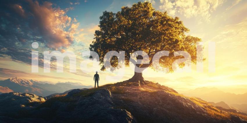 A Tranquil Morning: Person Connecting with Nature in a Serene Meadow as the Sun Rises, Symbolizing Growth and Renewal