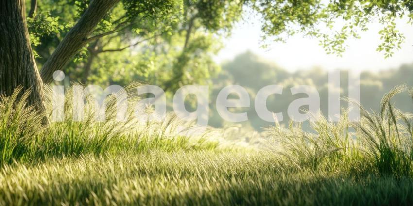 Tranquil Morning Meadow: Sunlit Greenery and Wildflowers in a Lush, Idyllic Field Framed by Trees Under a Clear Blue Sky