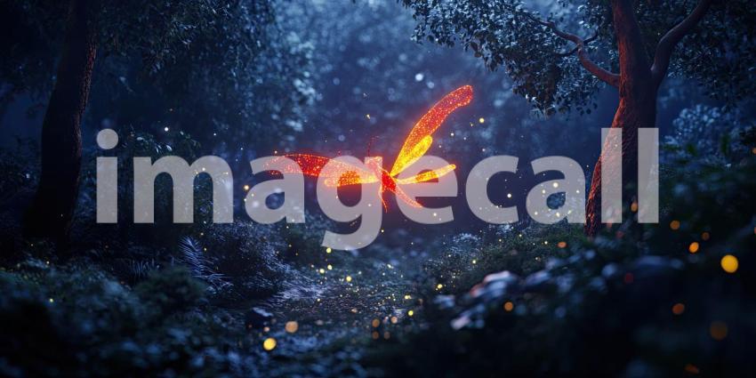 Enchanting Forest Glow: Illuminated Butterfly Hovering Over a Stream Surrounded by Lush Vegetation in a Dimly Lit Woodland
