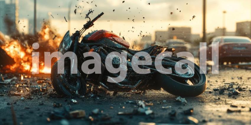 Aftermath of Chaos: A Motorcycle's Demise Amidst Urban Inferno, Crash and Burn: A Motorcycle's Fateful Encounter with Fire and Debris