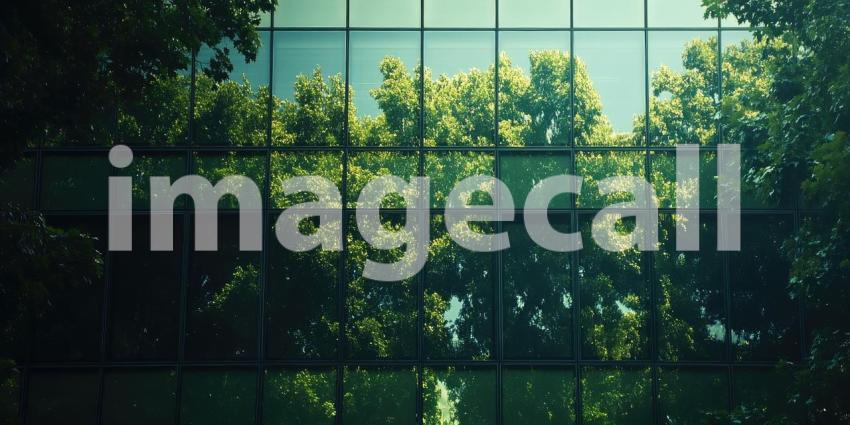 Modern Architectural Structure in a Lush Green Forest: A Seamless Blend of Glass Walls Reflecting Nature, with Polished Stone Floors and a Reflective Water Surface