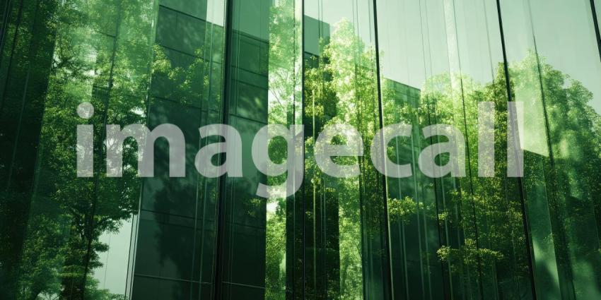 Modern Architectural Structure in a Lush Green Forest: A Seamless Blend of Glass Walls Reflecting Nature, with Polished Stone Floors and a Reflective Water Surface