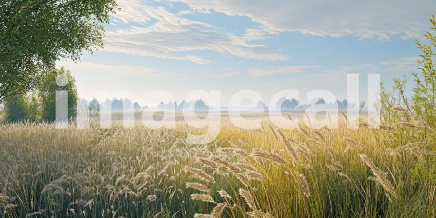 Tranquil Morning Meadow: Sunlit Greenery and Wildflowers in a Lush, Idyllic Field Framed by Trees Under a Clear Blue Sky