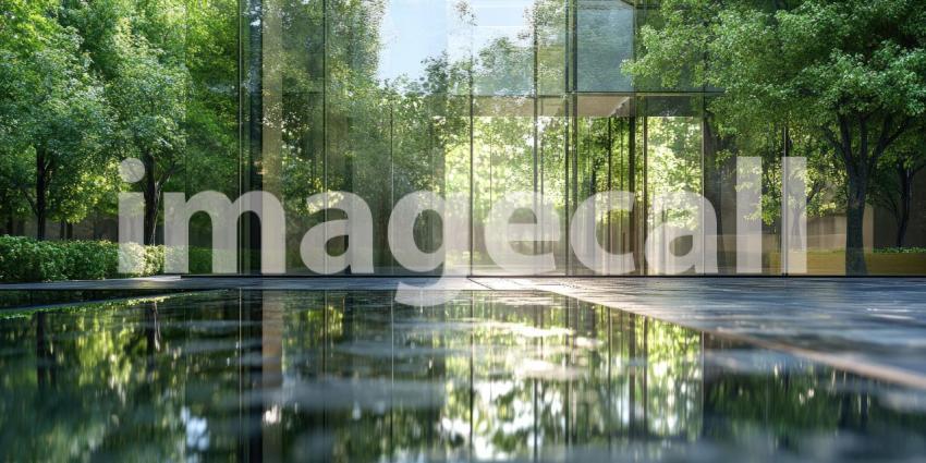 Modern Architectural Structure in a Lush Green Forest: A Seamless Blend of Glass Walls Reflecting Nature, with Polished Stone Floors and a Reflective Water Surface
