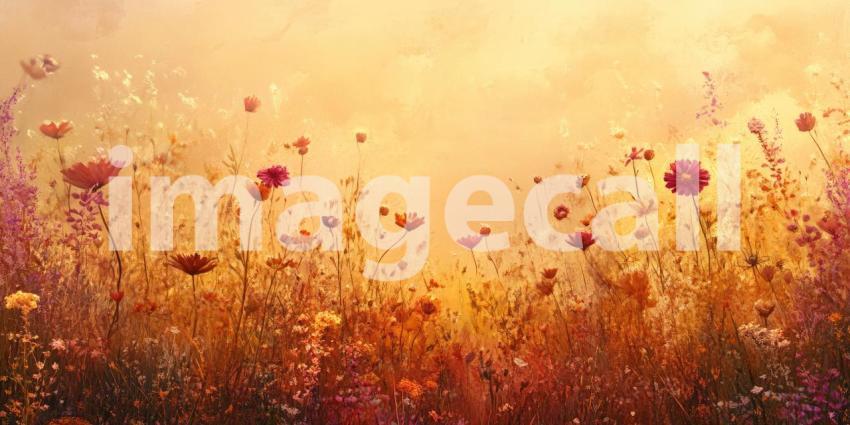 Serene Sunset Over Rolling Hills: Golden Grass and Scattered Trees Bathed in the Warm Hues of an Orange and Yellow Sky