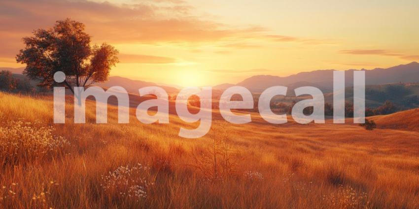 Serene Sunset Over Rolling Hills: Golden Grass and Scattered Trees Bathed in the Warm Hues of an Orange and Yellow Sky