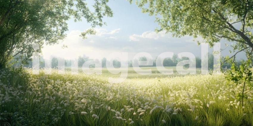 Tranquil Morning Meadow: Sunlit Greenery and Wildflowers in a Lush, Idyllic Field Framed by Trees Under a Clear Blue Sky