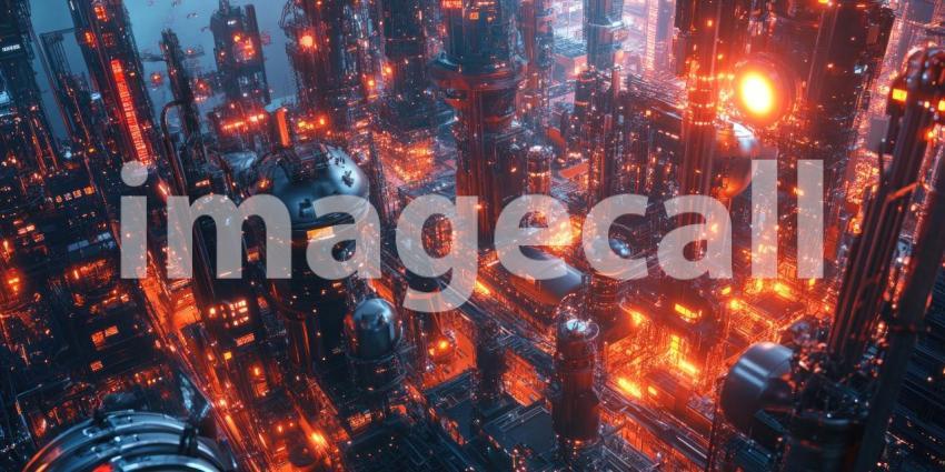 Intricate Industrial Refinery Complex at Dawn: A Detailed View of Towers, Pipes, Tanks, and Machinery Illuminated by Warm Orange and Cool Blue Tones