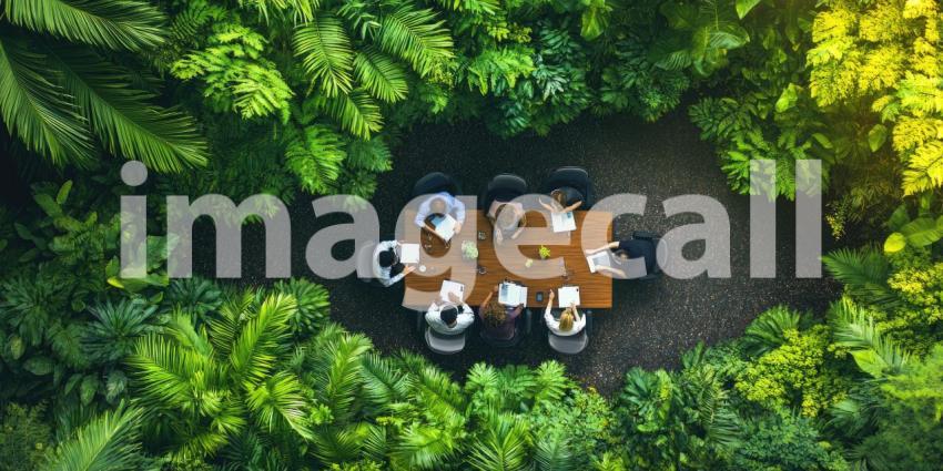 Eco-Friendly Outdoor Meeting: Overhead View of Professionals Engaged in a Sustainable Meeting Amidst Lush Greenery