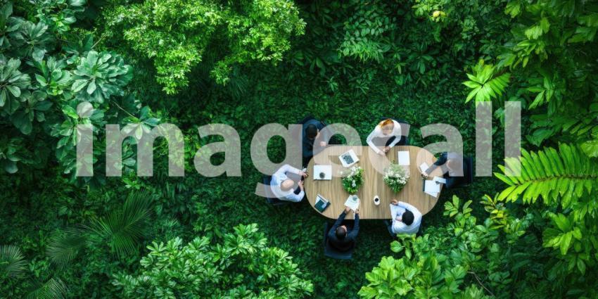 Eco-Friendly Outdoor Meeting: Overhead View of Professionals Engaged in a Sustainable Meeting Amidst Lush Greenery