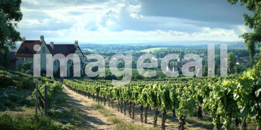 Rows of Grape Vines Stretching into the Distance with Lush Green Hills and Rocky Cliffs Under a Partly Cloudy Sky Bathed in Golden Sunlight