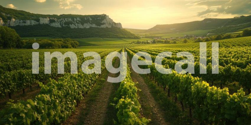 Rows of Grape Vines Stretching into the Distance with Lush Green Hills and Rocky Cliffs Under a Partly Cloudy Sky Bathed in Golden Sunlight