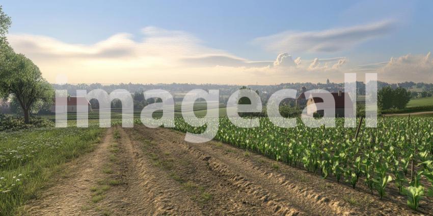 Rows of Grape Vines Stretching into the Distance with Lush Green Hills and Rocky Cliffs Under a Partly Cloudy Sky Bathed in Golden Sunlight