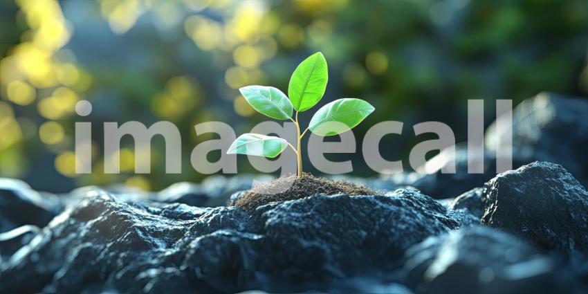 Nurturing a New Beginning: Close-Up of a Young Plant in Soil with Green Leaves, Illuminated by Warm Sunlight Against a Blurred Background of Lush Greenery