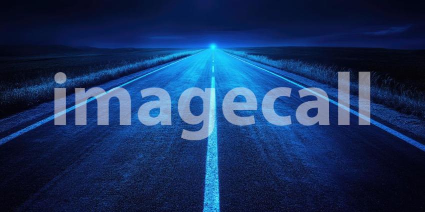 Surreal Night Road: An Illuminated Straight Road with a Yellow Dashed Center Line and White Edge Lines