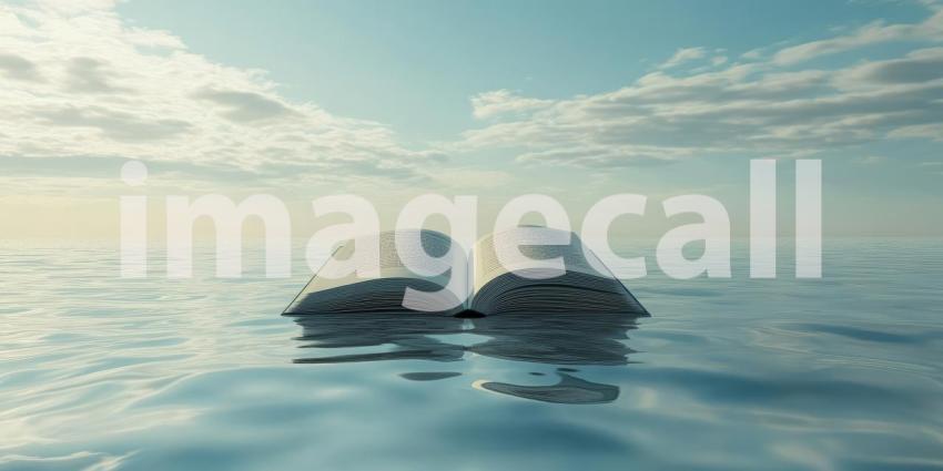 Open Book Suspended on the Tranquil Surface of Blue-Green Water with Gentle Ripples, Symbolizing the Harmony Between Learning and Nature