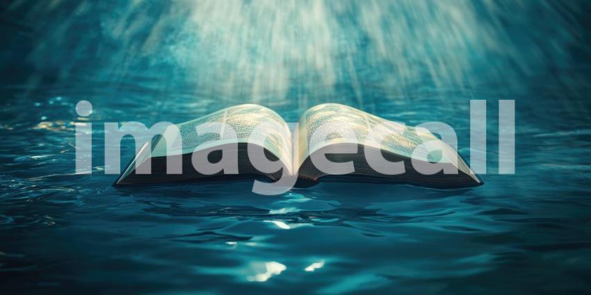 Open Book Suspended on the Tranquil Surface of Blue-Green Water with Gentle Ripples, Symbolizing the Harmony Between Learning and Nature