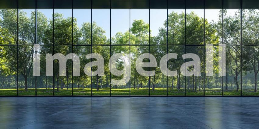 Modern Architectural Structure in a Lush Green Forest: A Seamless Blend of Glass Walls Reflecting Nature, with Polished Stone Floors and a Reflective Water Surface