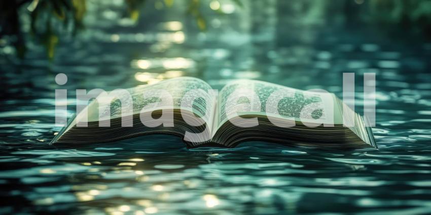 Open Book Suspended on the Tranquil Surface of Blue-Green Water with Gentle Ripples, Symbolizing the Harmony Between Learning and Nature