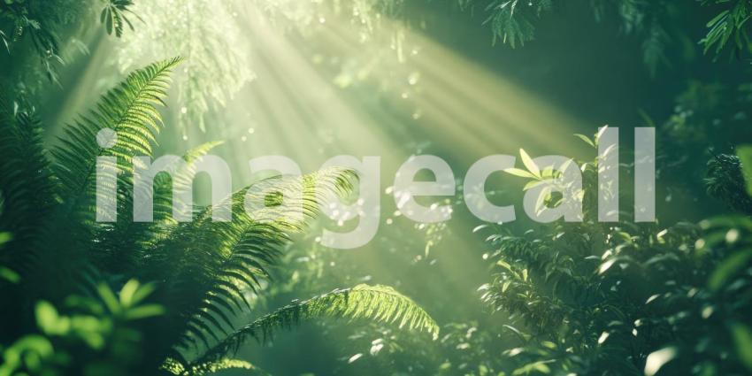 Lush Greenery and Ferns Illuminated by Beams of Sunlight Streaming Through the Tree Canopy, Creating a Tranquil and Vibrant Natural Scene