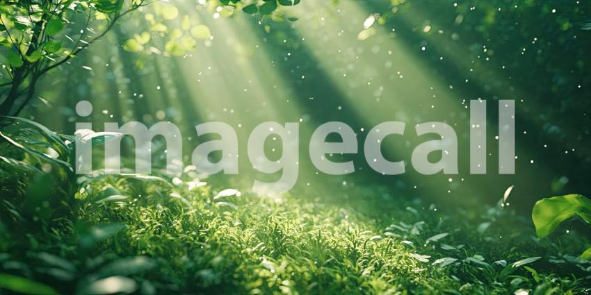 Lush Greenery and Ferns Illuminated by Beams of Sunlight Streaming Through the Tree Canopy, Creating a Tranquil and Vibrant Natural Scene