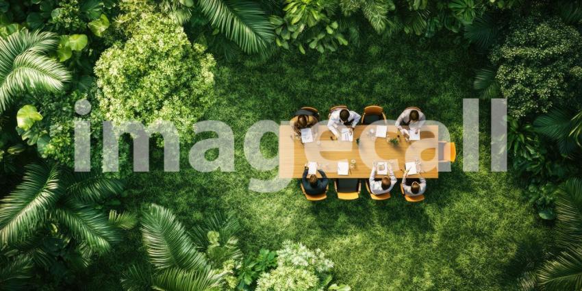 Eco-Friendly Outdoor Meeting: Overhead View of Professionals Engaged in a Sustainable Meeting Amidst Lush Greenery