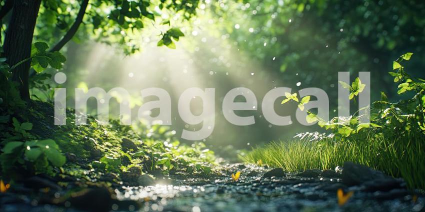 Lush Greenery and Ferns Illuminated by Beams of Sunlight Streaming Through the Tree Canopy, Creating a Tranquil and Vibrant Natural Scene