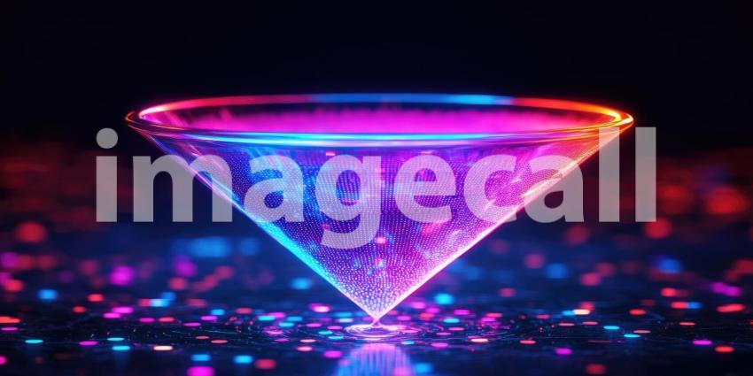 Futuristic Digital Funnel: Dynamic Purple and Pink Abstract Artwork with Glowing Dots and Lines, Depicting Depth, Motion, and Energy in a Sci-Fi Inspired Design