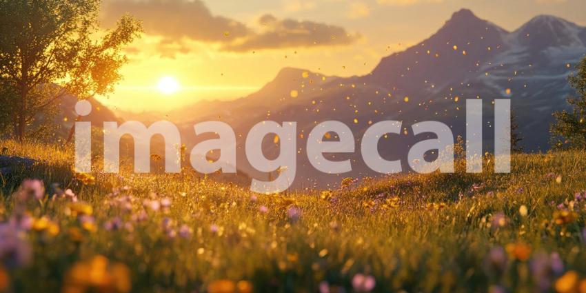 Serene Sunset Over a Wildflower Meadow with Snow-Capped Mountains in the Background: Golden Hour Light Casting a Warm Glow on Vibrant Wildflowers and Floating Petals