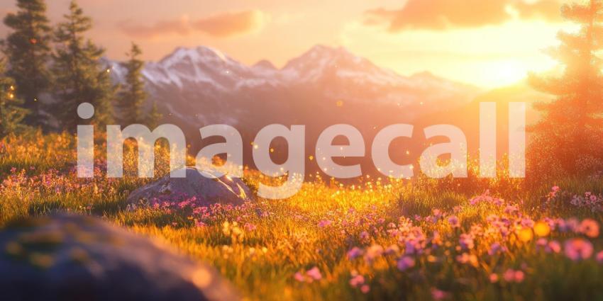 Serene Sunset Over a Wildflower Meadow with Snow-Capped Mountains in the Background: Golden Hour Light Casting a Warm Glow on Vibrant Wildflowers and Floating Petals