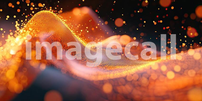 Dynamic Wave of Glowing Orange Dots: Abstract Digital Art with Fluid Motion and Bokeh Light Effects Against a Dark Background