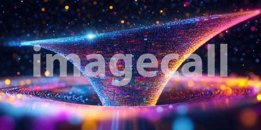 Futuristic Digital Funnel: Dynamic Purple and Pink Abstract Artwork with Glowing Dots and Lines, Depicting Depth, Motion, and Energy in a Sci-Fi Inspired Design