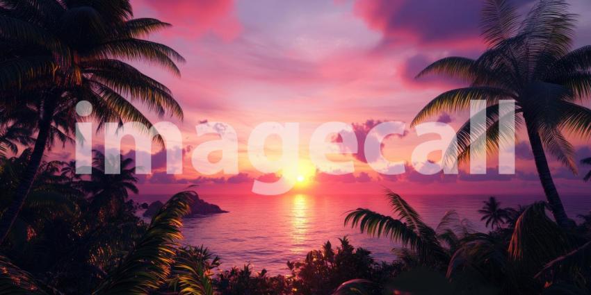 Stunning Sunset Over Serene Coastal Landscape: Dramatic Red and Pink Sky Reflecting Off Calm Water