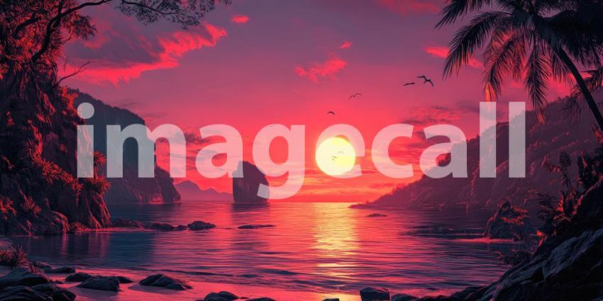 Stunning Sunset Over Serene Coastal Landscape: Dramatic Red and Pink Sky Reflecting Off Calm Water