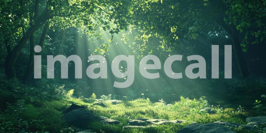 Lush Greenery and Ferns Illuminated by Beams of Sunlight Streaming Through the Tree Canopy, Creating a Tranquil and Vibrant Natural Scene