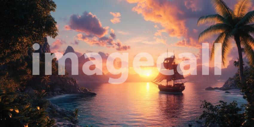 Stunning Sunset Over Serene Coastal Landscape: Dramatic Red and Pink Sky Reflecting Off Calm Water