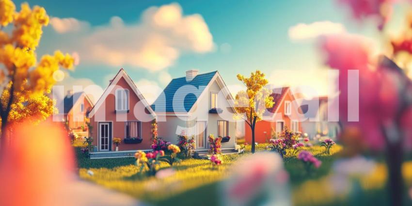 Charming Suburban Neighborhood Model: Detailed Miniature Scene Featuring Vibrant Houses, Distinct Architectural Features