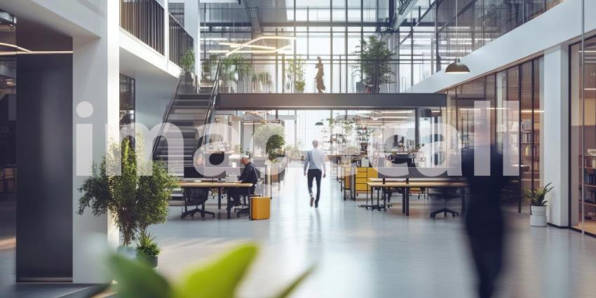 Modern Office Workspace: Stylish Desk Setup with Laptop, Coffee Cup, and Office Supplies in a Contemporary Setting