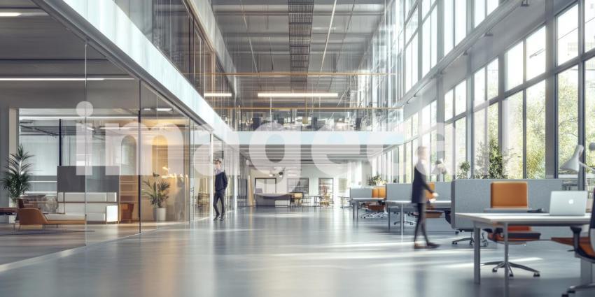 Modern Office Workspace: Stylish Desk Setup with Laptop, Coffee Cup, and Office Supplies in a Contemporary Setting