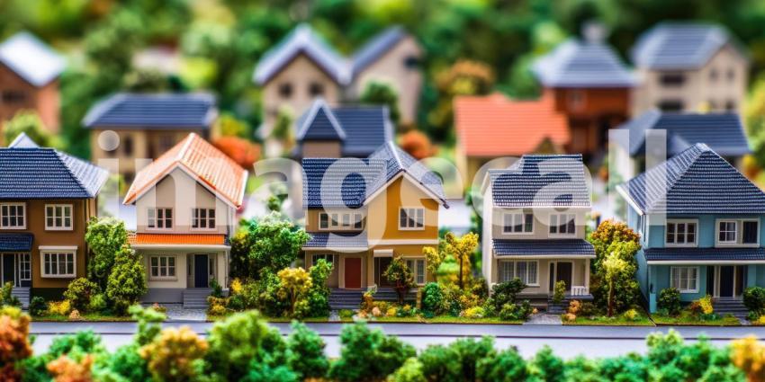 Charming Suburban Neighborhood Model: Detailed Miniature Scene Featuring Vibrant Houses, Distinct Architectural Features