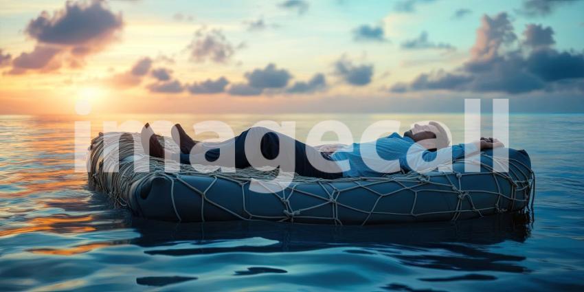 Serene Sunset on a Calm Lake: Person Relaxing on an Inflatable Raft, Reflecting Warm Colors of the Evening Sky
