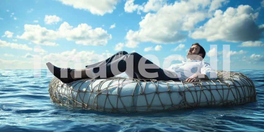 Serene Sunset on a Calm Lake: Person Relaxing on an Inflatable Raft, Reflecting Warm Colors of the Evening Sky