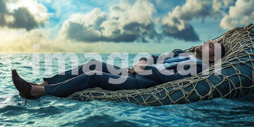 Serene Sunset on a Calm Lake: Person Relaxing on an Inflatable Raft, Reflecting Warm Colors of the Evening Sky