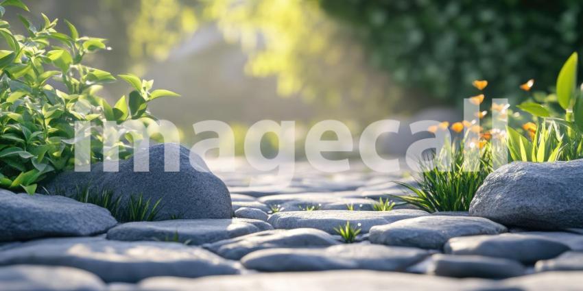 Two White Flowers Resting on a Stack of Smooth Gray Stones by a Rippling Body of Water, Set Against a Blurred Green Foliage Background