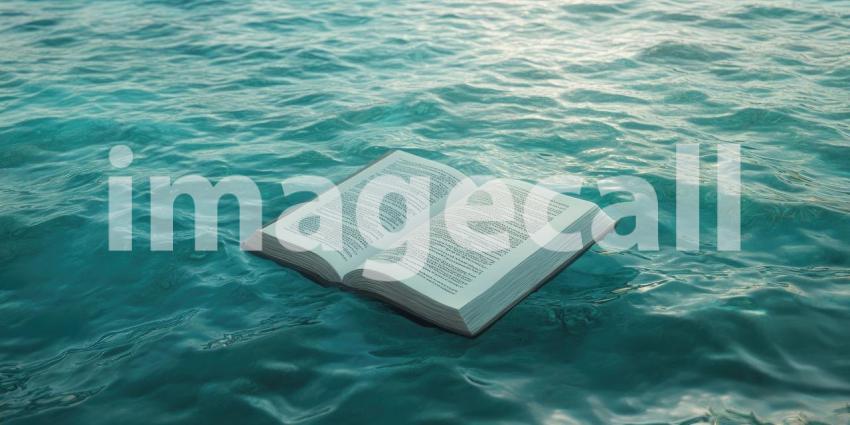 Open Book Suspended on the Tranquil Surface of Blue-Green Water with Gentle Ripples, Symbolizing the Harmony Between Learning and Nature