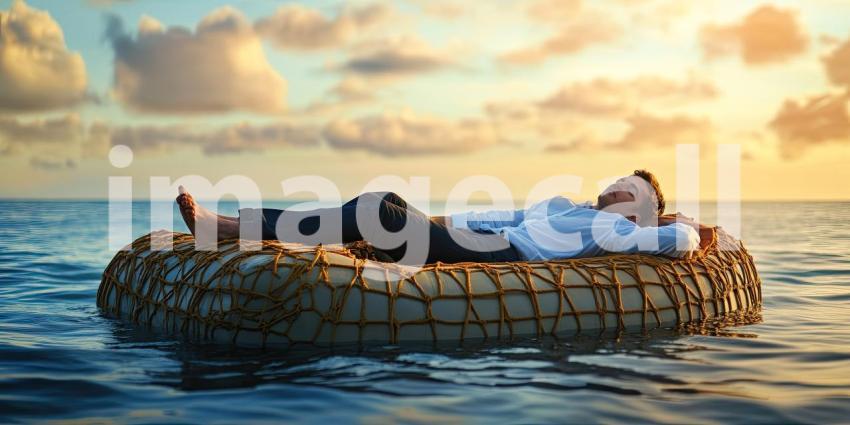 Serene Sunset on a Calm Lake: Person Relaxing on an Inflatable Raft, Reflecting Warm Colors of the Evening Sky