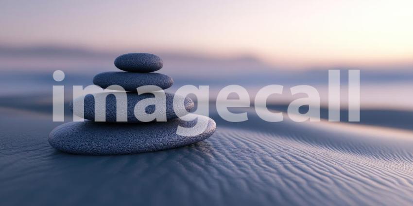 Two White Flowers Resting on a Stack of Smooth Gray Stones by a Rippling Body of Water, Set Against a Blurred Green Foliage Background
