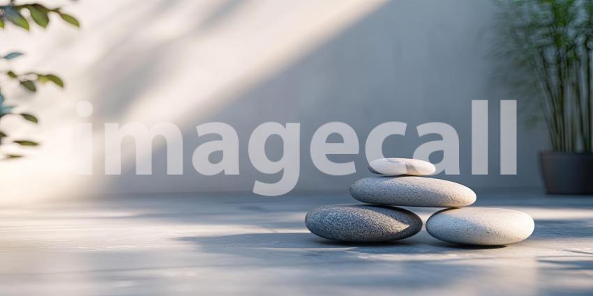 Two White Flowers Resting on a Stack of Smooth Gray Stones by a Rippling Body of Water, Set Against a Blurred Green Foliage Background