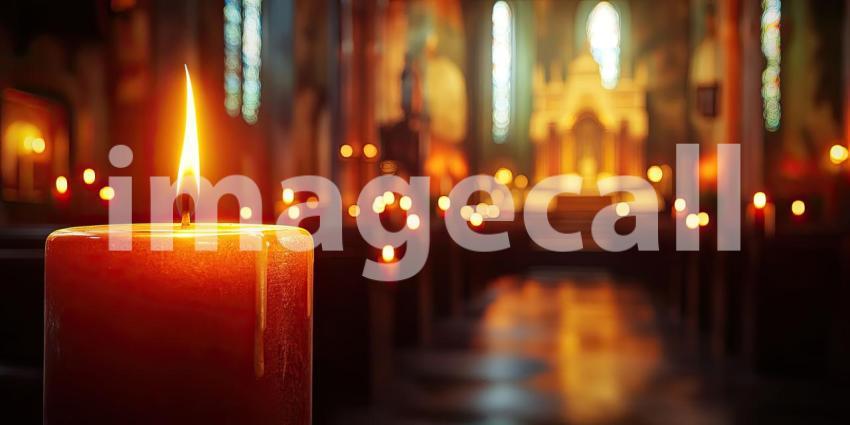 Serene Church Altar with Lit Candles: Floral Arrangement and Dripping Wax Highlighting a Peaceful and Contemplative Atmosphere in a Religious Setting